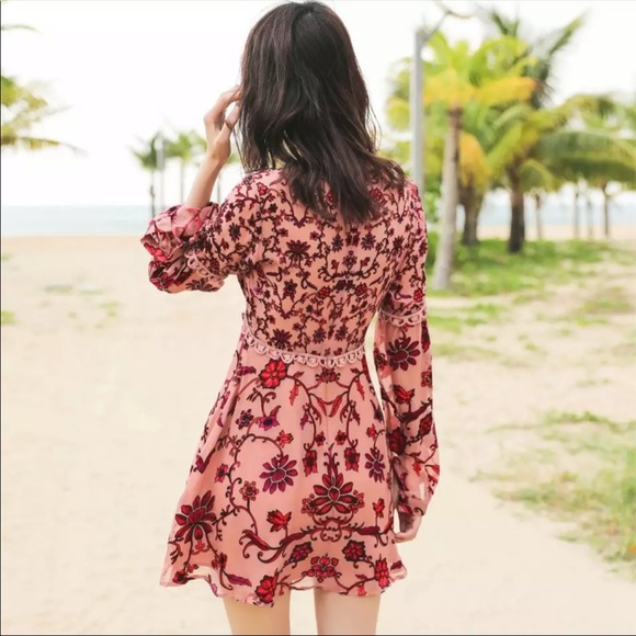 Long Sleeve Boho Floral Gypsy Print Dress Pink - Picture 4 of 14